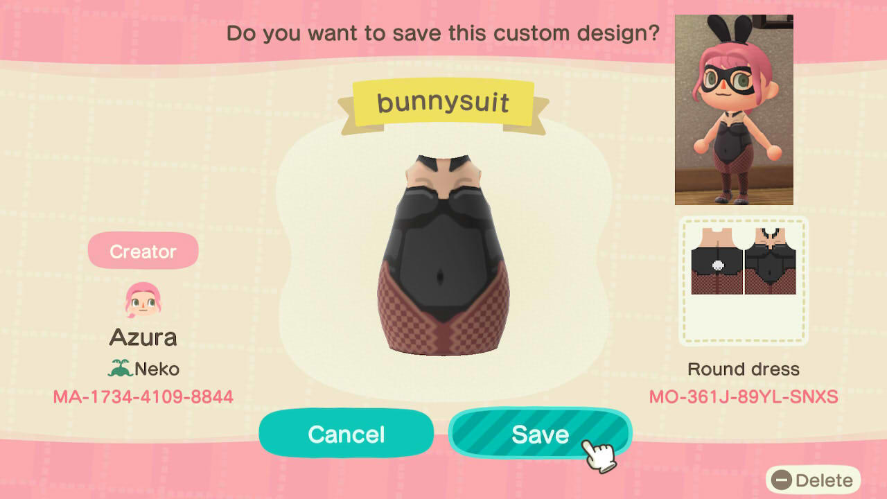 Animal Crossing Design Code: MO-361J-89YL-SNXS Bunny Suit