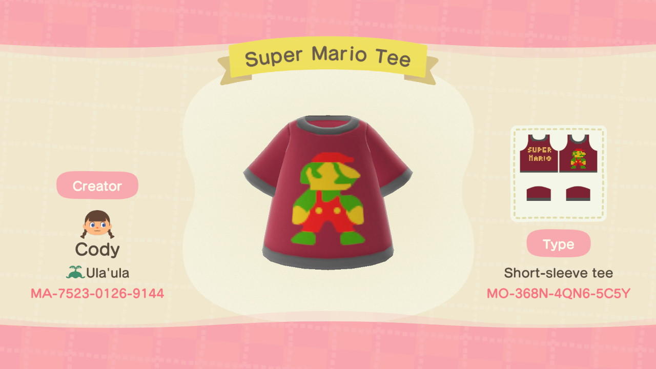 Animal Crossing Design Code: MO-368N-4QN6-5C5Y Super Mario Tee