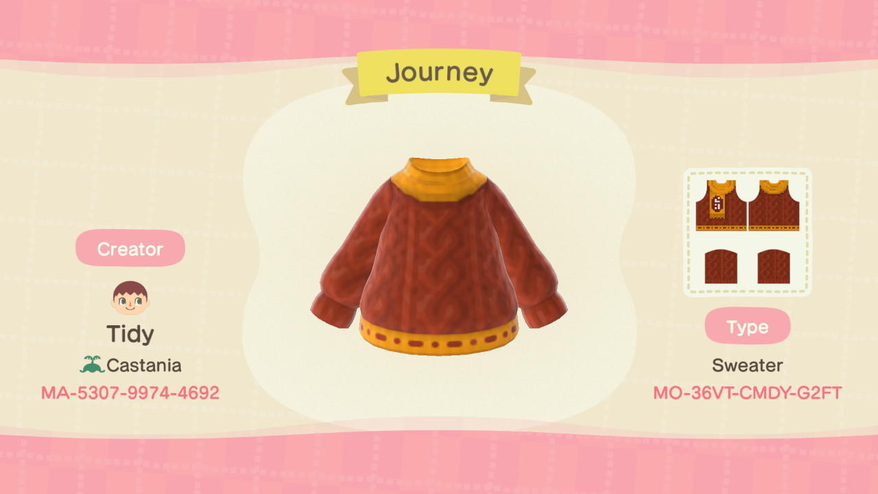Animal Crossing Design Code: MO-36VT-CMDY-G2FT Journey Sweater
