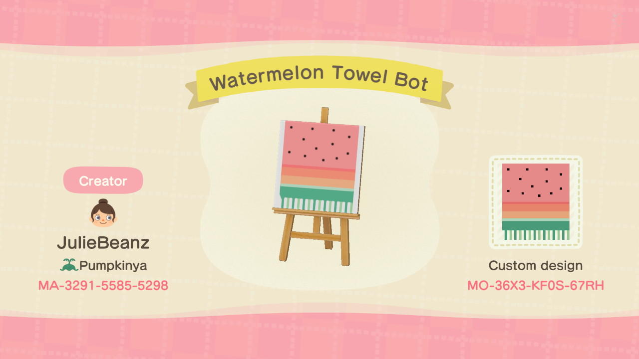 Animal Crossing Design Code: MO-36X3-KF0S-67RH Watermelon Towel Bot
