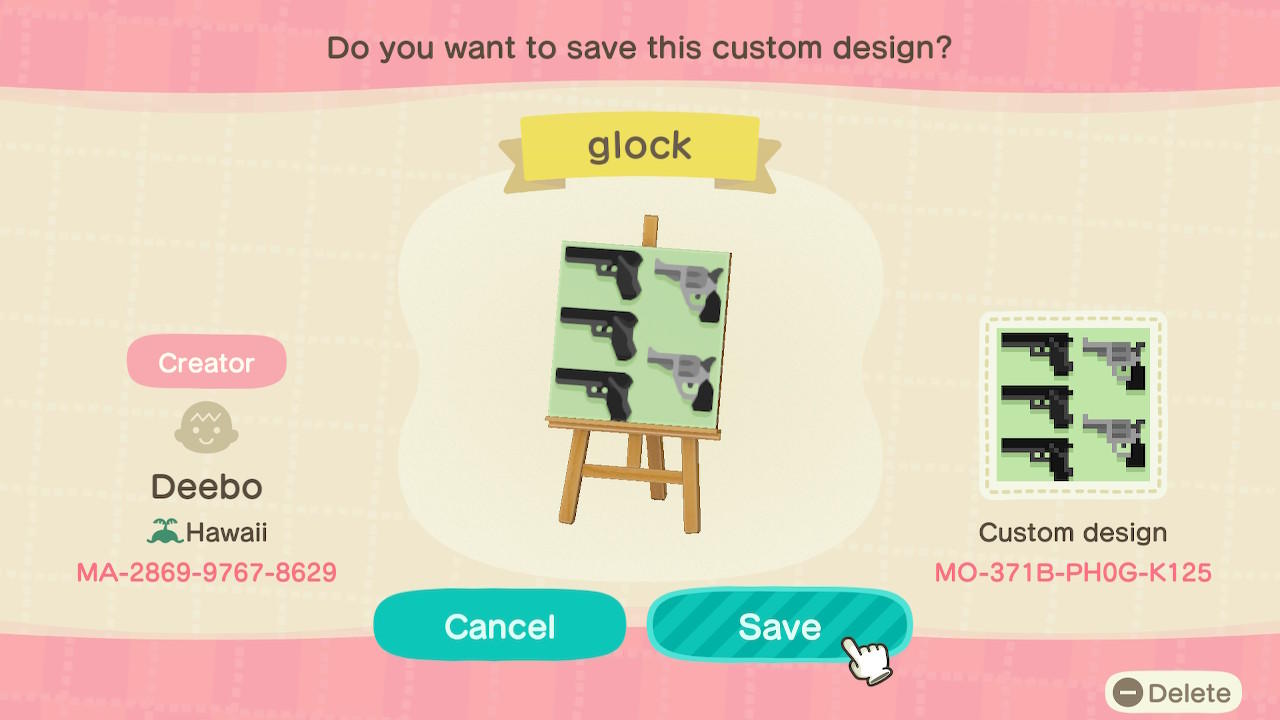 Animal Crossing Design Code: MO-371B-PH0G-K125 WeaponsVault Handgun