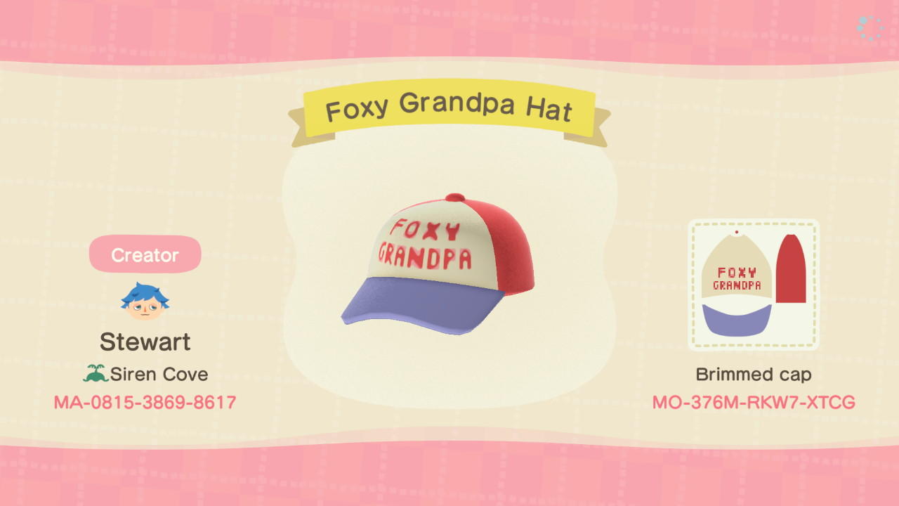 Animal Crossing Design Code: MO-376M-RKW7-XTCG Foxy Grandpa Hat