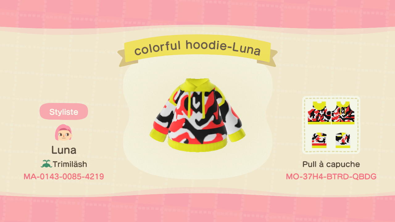 Animal Crossing Design Code: MO-37H4-BTRD-QBGD Colorful hoodie