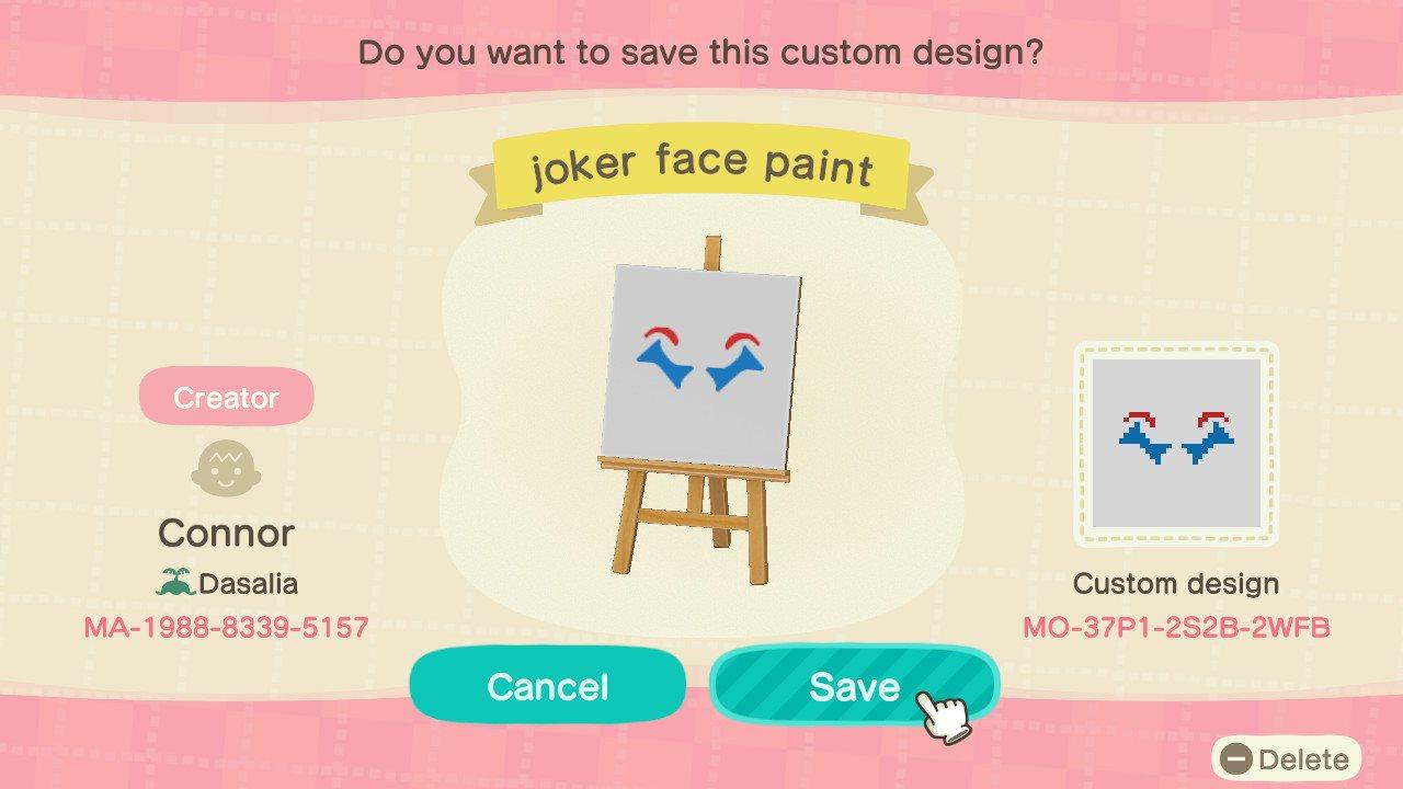 Animal Crossing Design Code: MO-37P1-2S2B-2WFB joker face paint