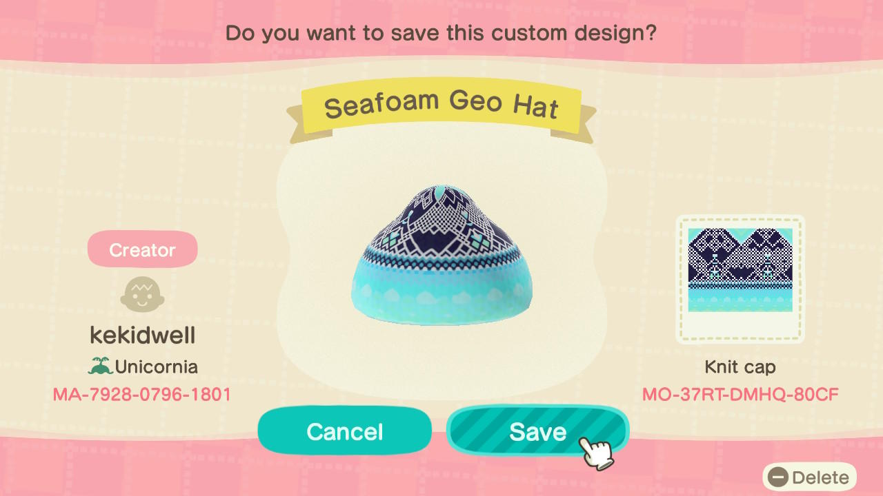 Animal Crossing Design Code: MO-37RT-DMHQ-80CF Seafoam Geo Hat