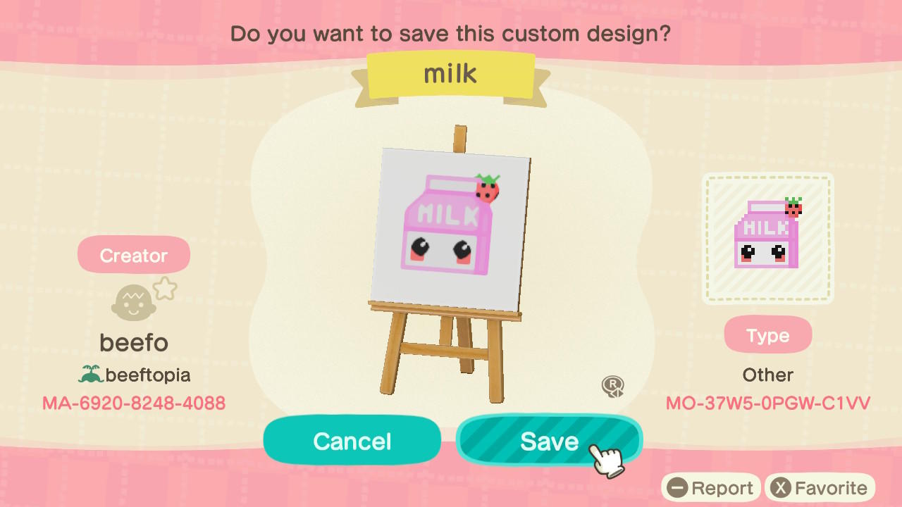 Animal Crossing Design Code: MO-37W5-0PGW-C1VV Milk