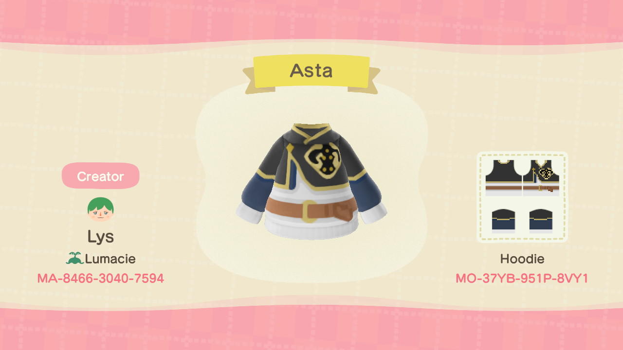 Animal Crossing Design Code: MO-37YB-951P-8VY1 Asta Hoodie