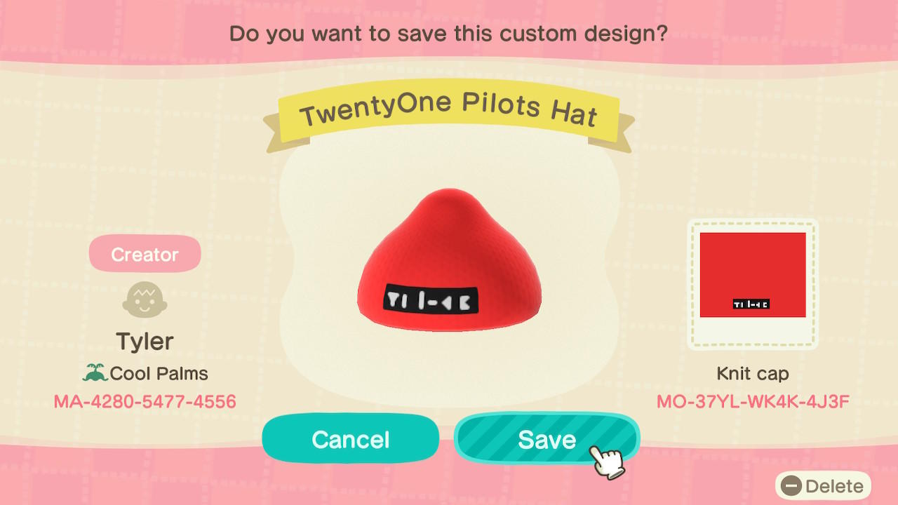 Animal Crossing Design Code: MO-37YL-WK4K-4J3F TwentyOne Pilots Hat