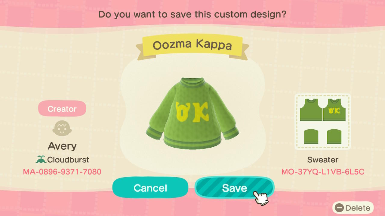 Animal Crossing Design Code: MO-37YQ-L1VB-6L5C Oozma Kappa