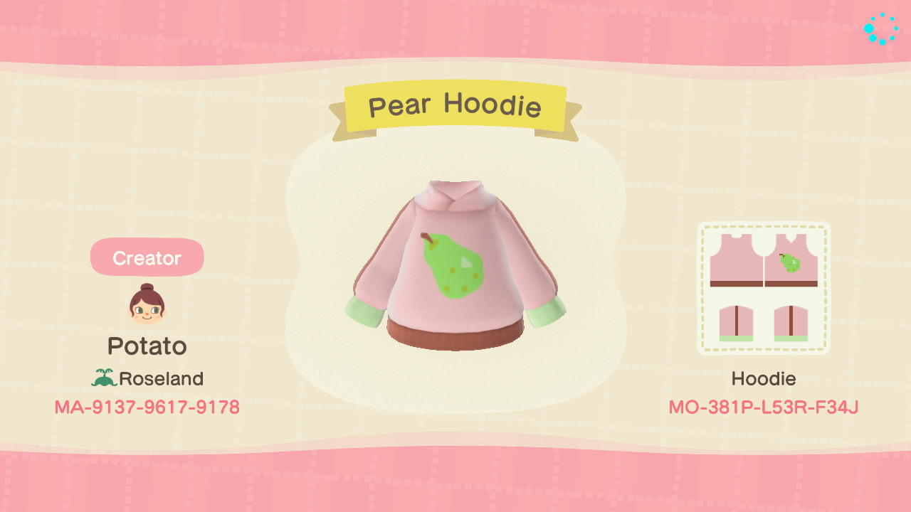Animal Crossing Design Code: MO-381P-L53R-F34J Pear Hoodie