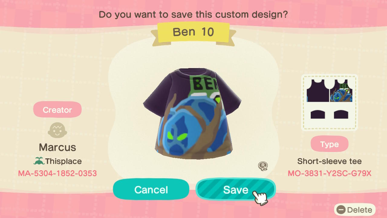 Animal Crossing Design Code: MO-3831-Y2SC-G79X BEN 10 Ult Swampfire