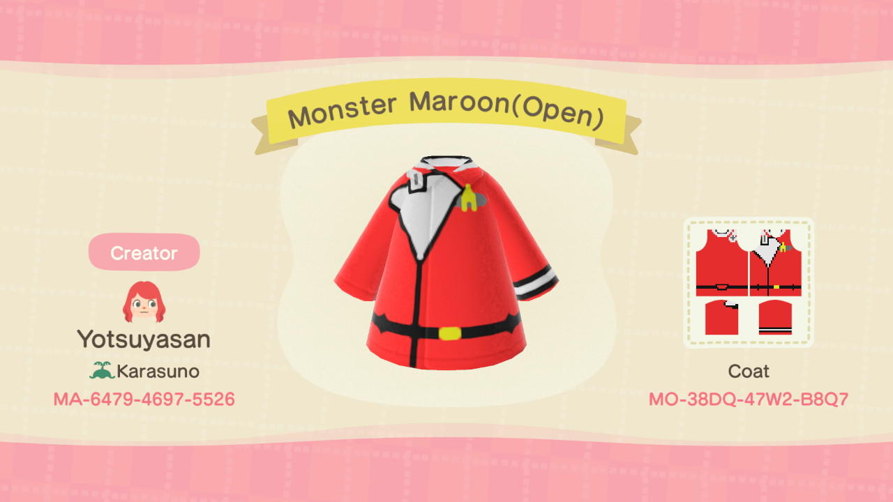 Animal Crossing Design Code: MO-38DQ-47W2-B8Q7 Monster Maroon(Open)