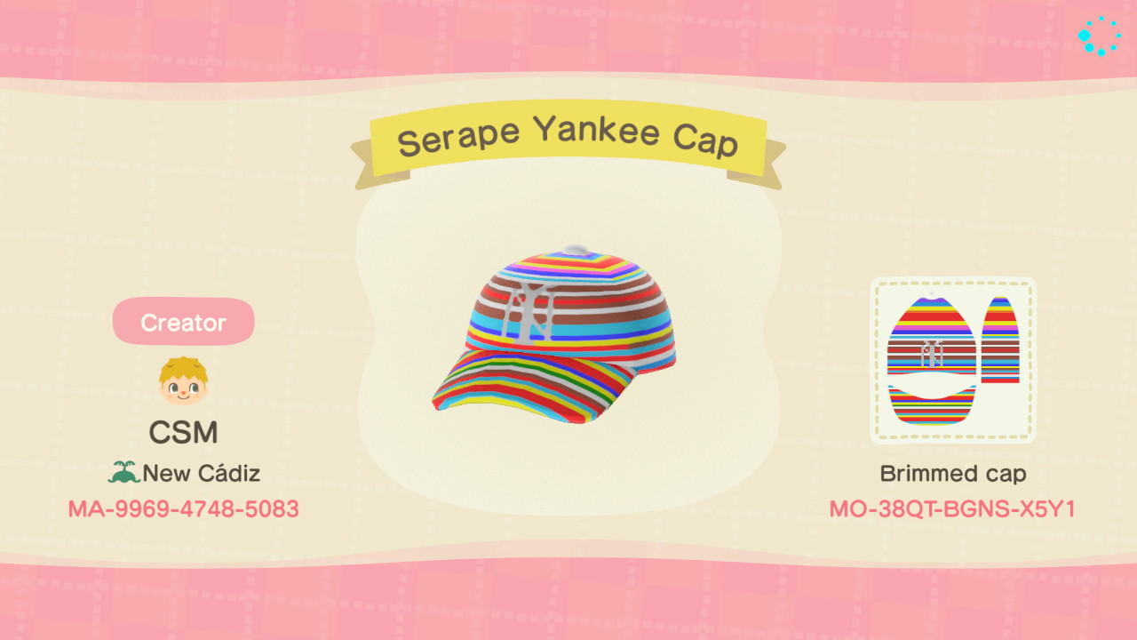 Animal Crossing Design Code: MO-38QT-BGNS-X5Y1 Serape Yankee Cap
