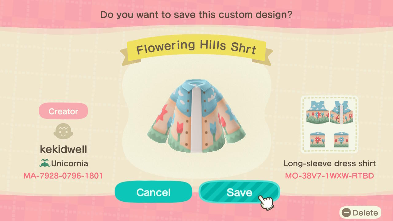 Animal Crossing Design Code: MO-38V7-1WXW-RTBD Flowering Hills Shrt