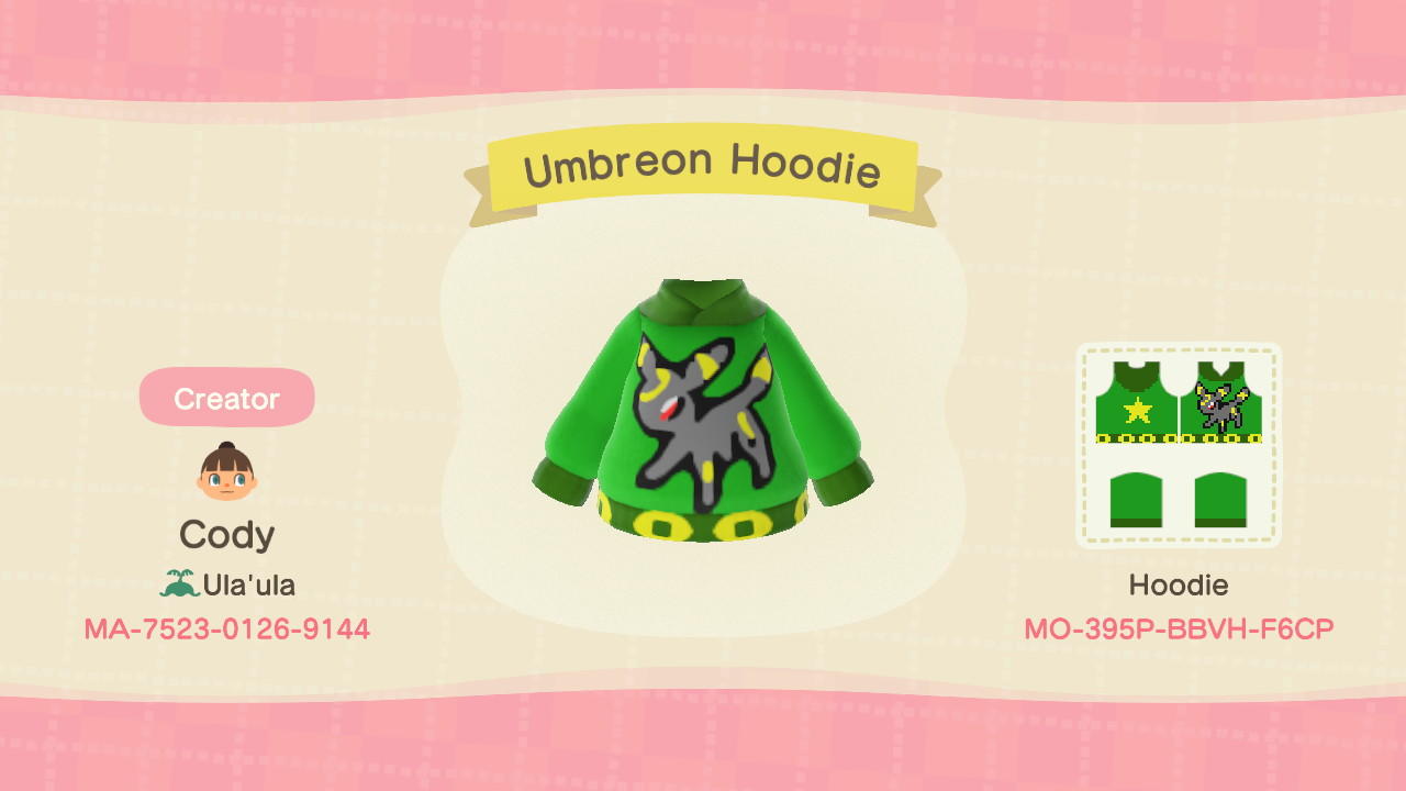 Animal Crossing Design Code: MO-395P-BBVH-F6CP Umbreon Hoodie