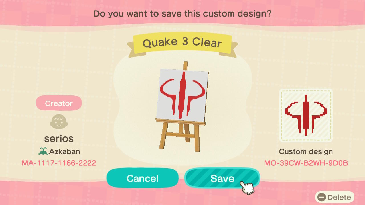 Animal Crossing Design Code: MO-39CW-B2WH-9D0B Quake 3 Clear