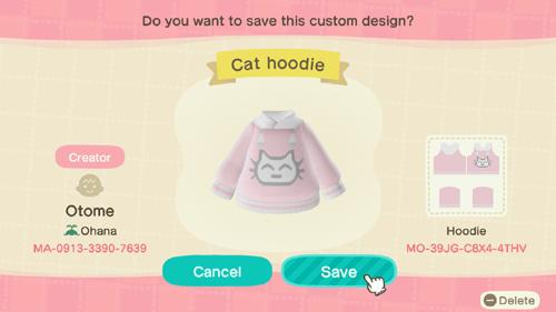 Animal Crossing Design Code: MO-39JD-C8X4-4THV Cat hoodie