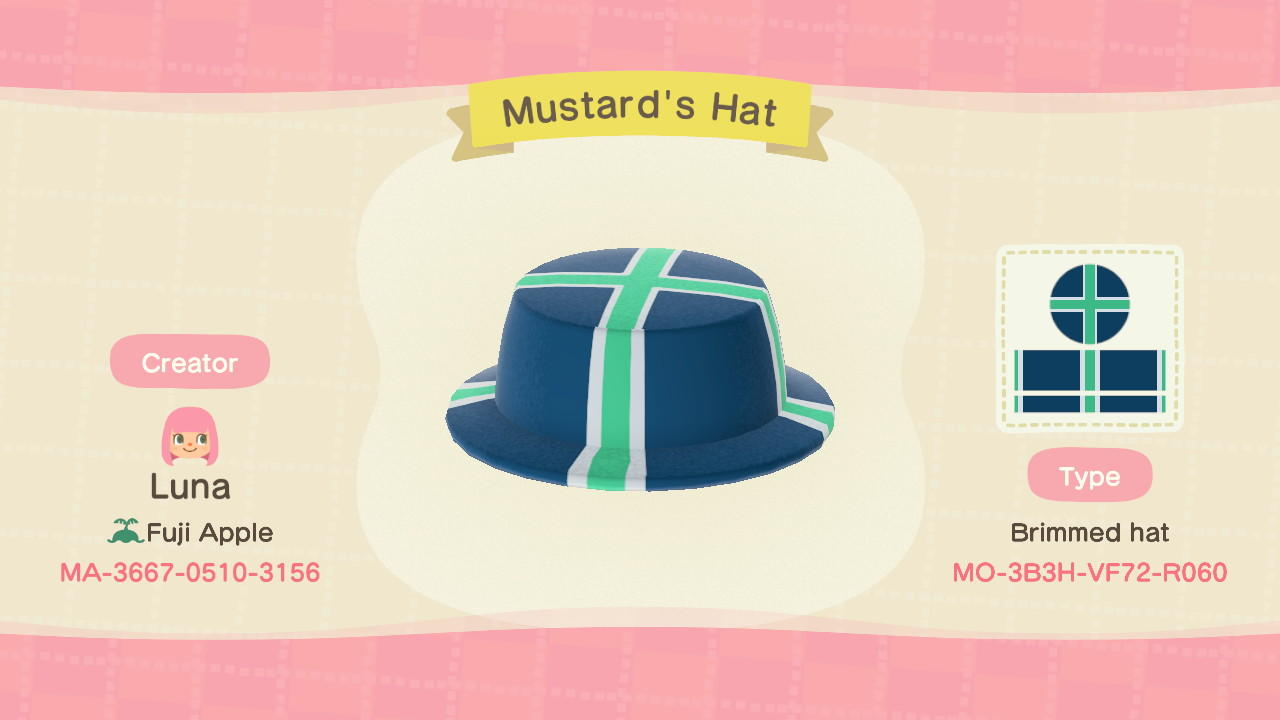 Animal Crossing Design Code: MO-3B3H-VF72-R060 Mustard's Hat