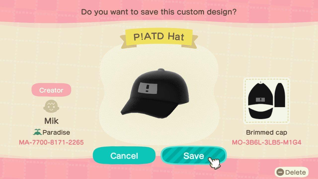 Animal Crossing Design Code: MO-3B6L-3LB5-M1G4 P!ATD Hat