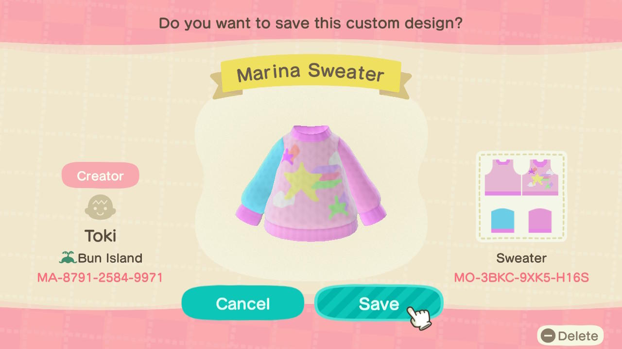 Animal Crossing Design Code: MO-3BKC-9XK5-H16S Marina Sweater