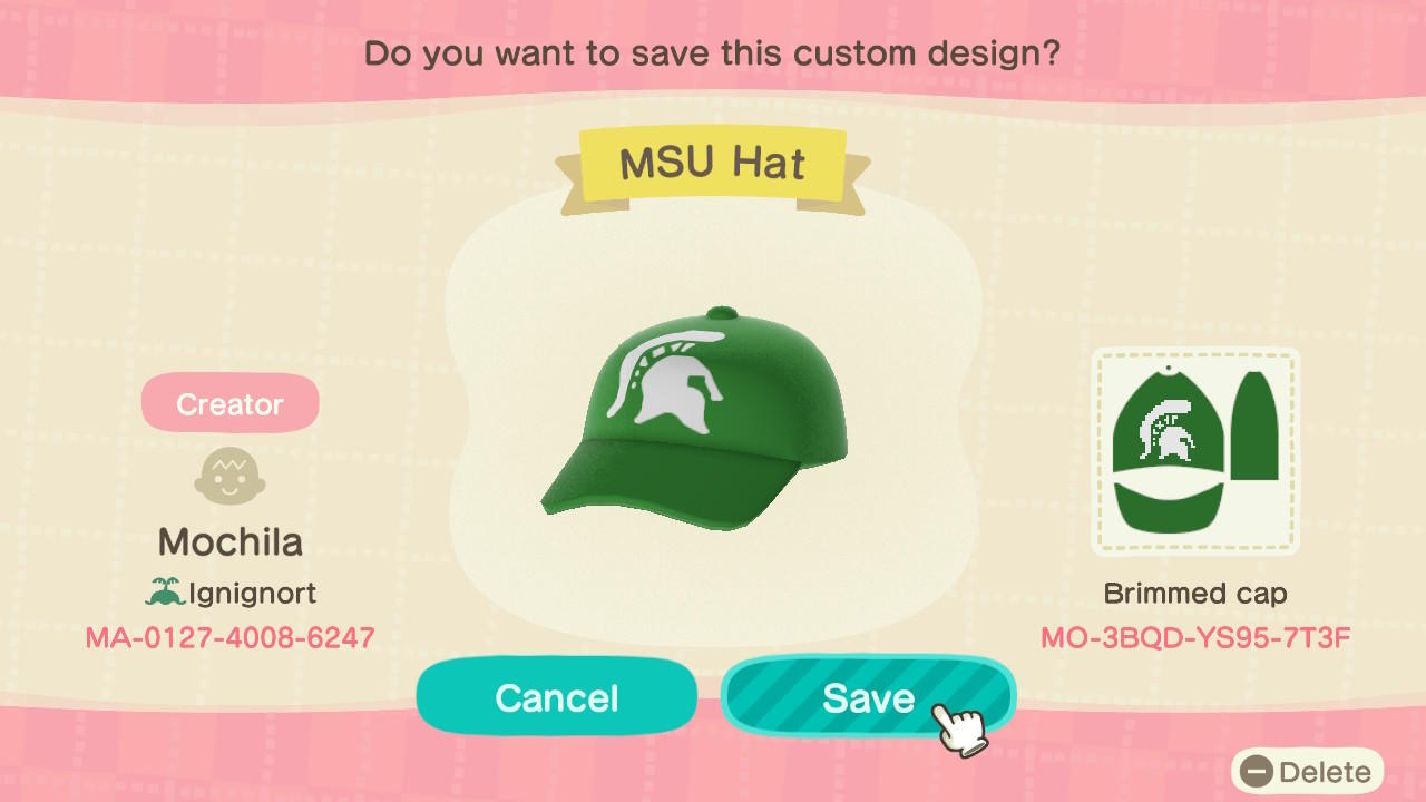 Animal Crossing Design Code: MO-3BQD-YS95-7T3F MSU Hat