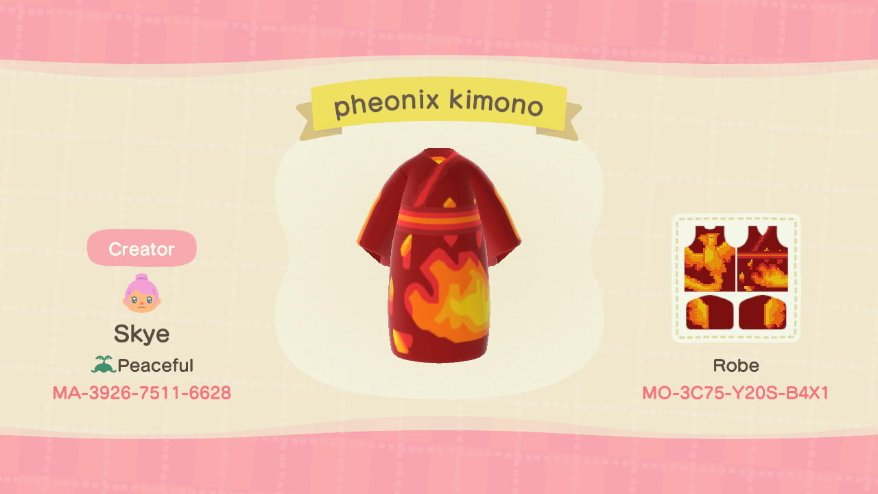 Animal Crossing Design Code: MO-3C75-Y20S-B4X1 Phoenix kimono