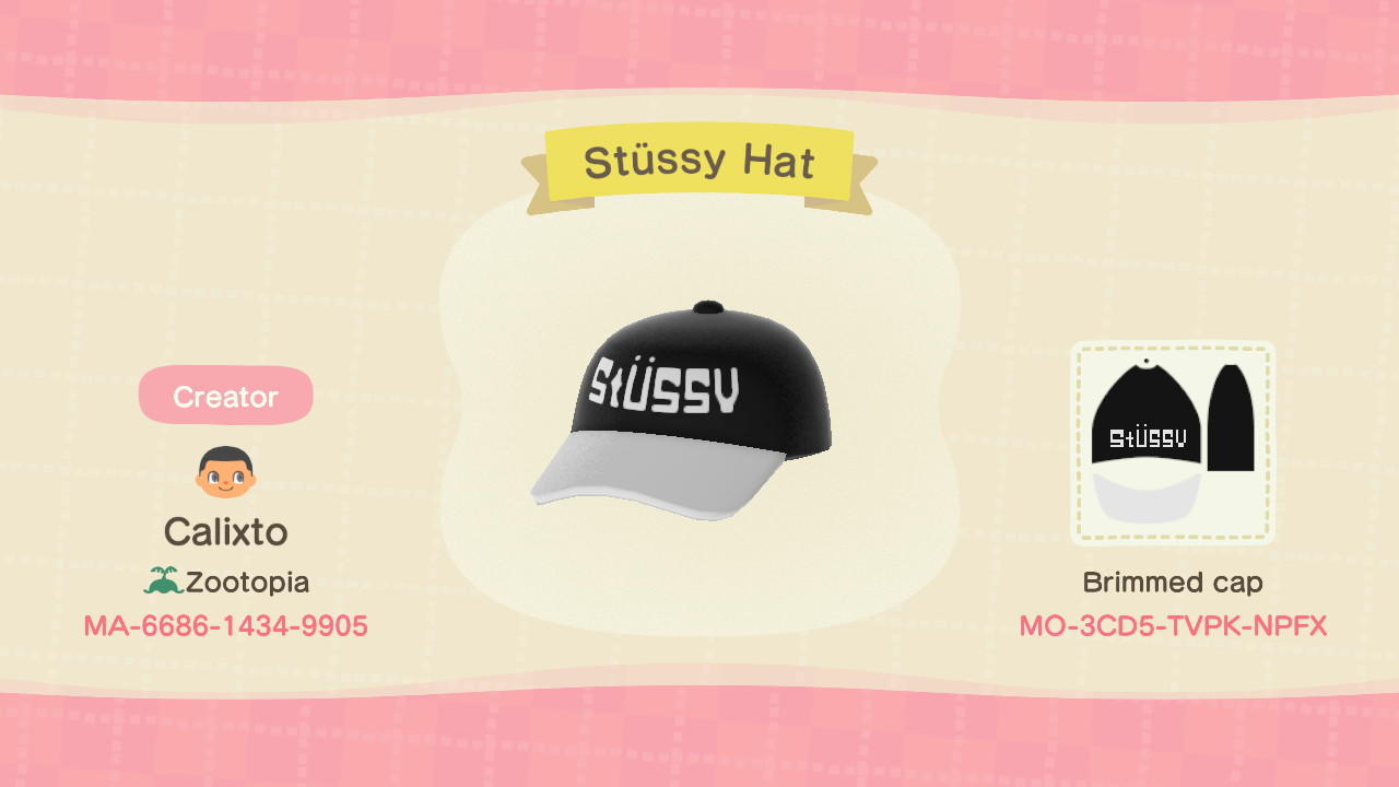 Animal Crossing Design Code: MO-3CD5-TVPK-NPFX Stussy Hat (Black)