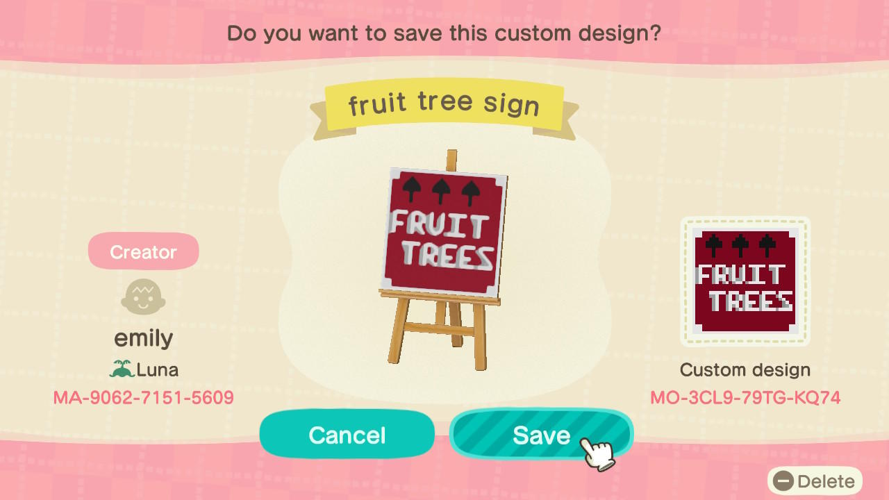 Animal Crossing Design Code: MO-3CL9-79TG-KQ74 fruit tree sign