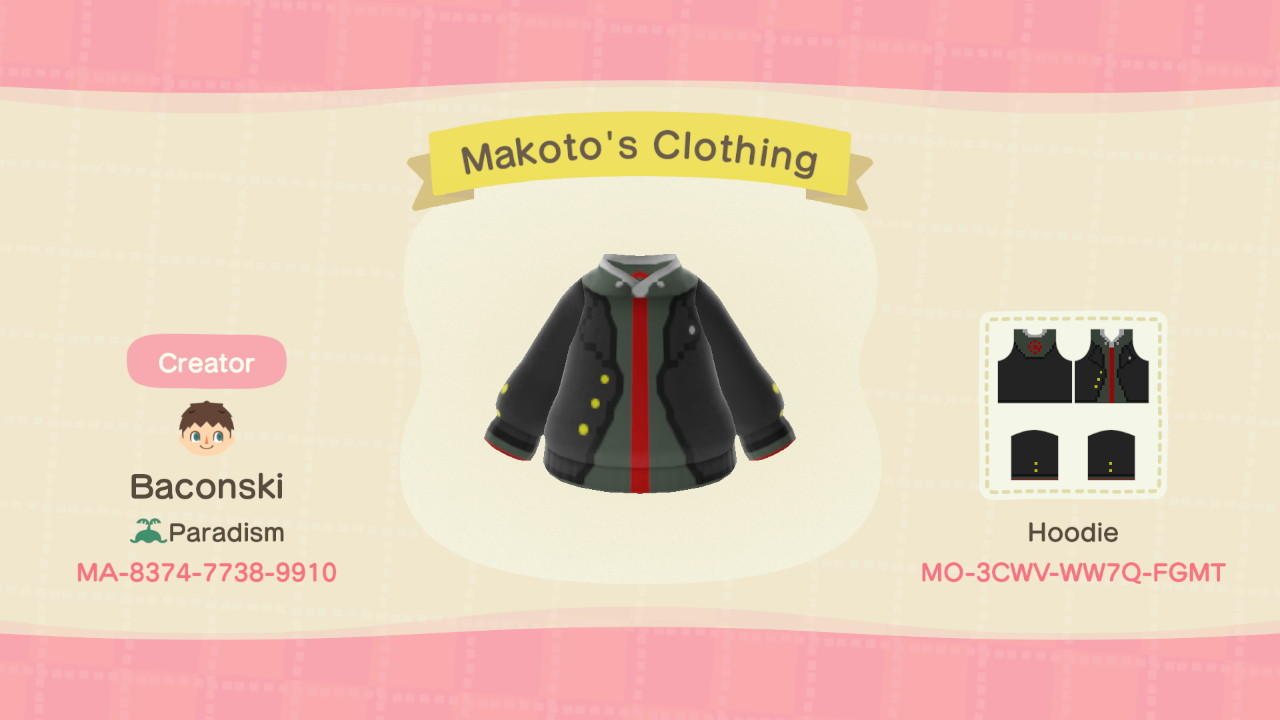 Animal Crossing Design Code: MO-3CWV-WW7Q-FGMT Makoto's Hoodie