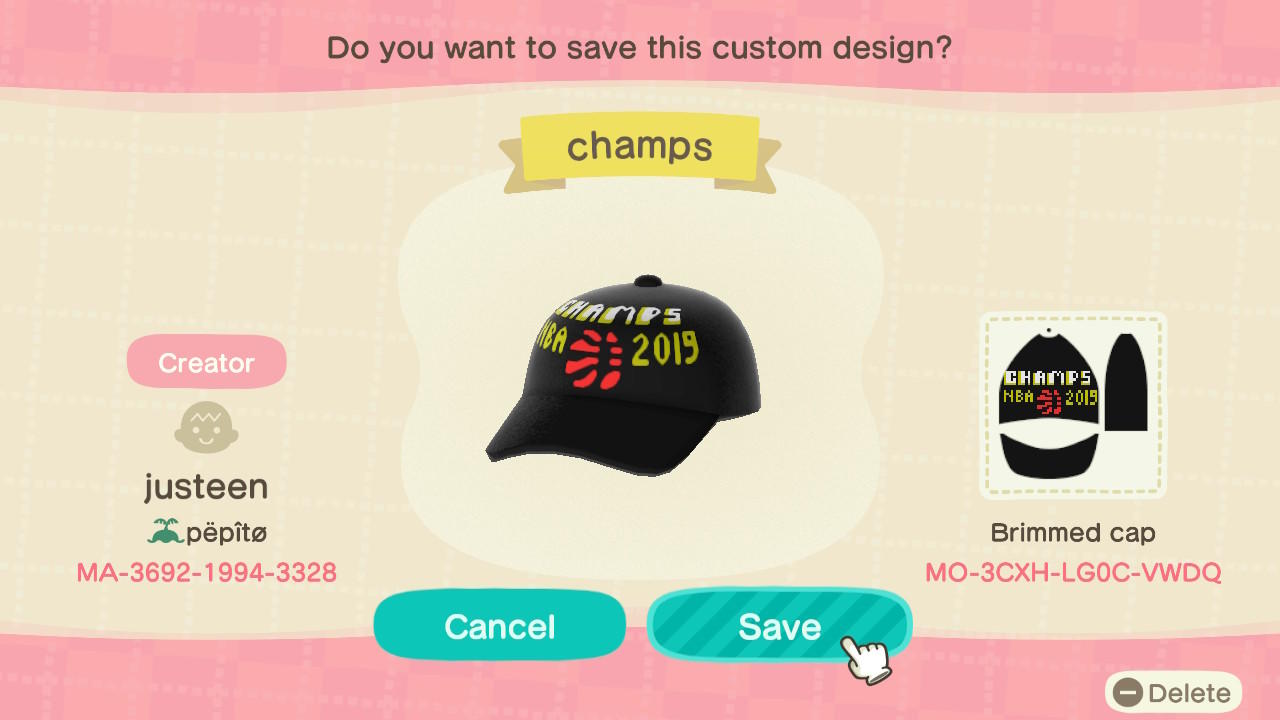 Animal Crossing Design Code: MO-3CXH-LG0C-VWDQ Champs