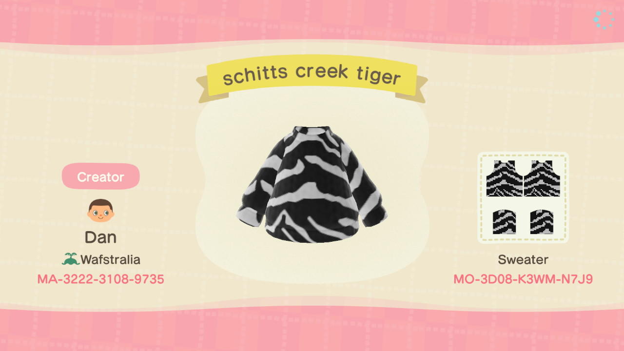 Animal Crossing Design Code: MO-3D08-K3WM-N7J9 Schitts Creek Tiger
