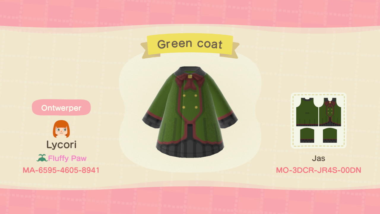 Animal Crossing Design Code: MO-3DCR-JR4S-00DN Green coat