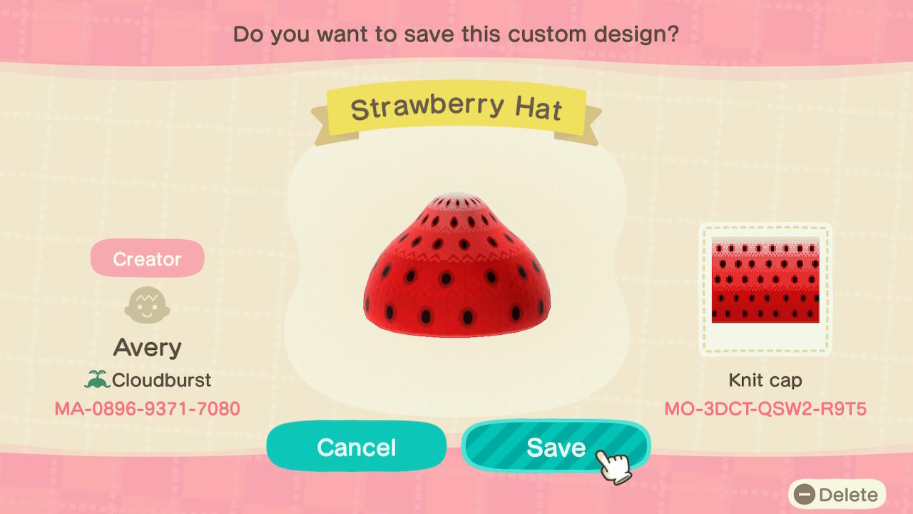 Animal Crossing Design Code: MO-3DCT-QSW2-R9T5 Strawberry Hat