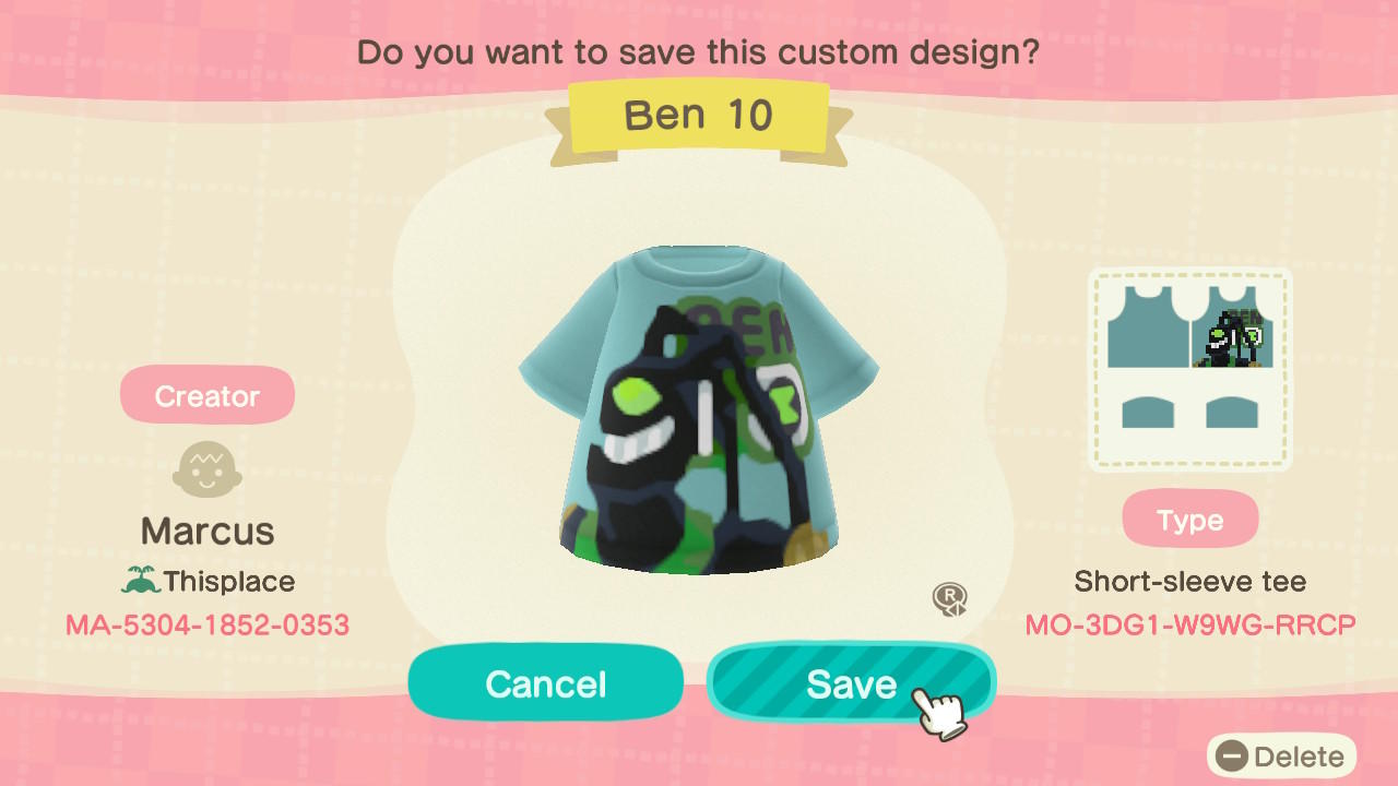 Animal Crossing Design Code: MO-3DG1-W9WG-RRCP Ben 10 Feedback