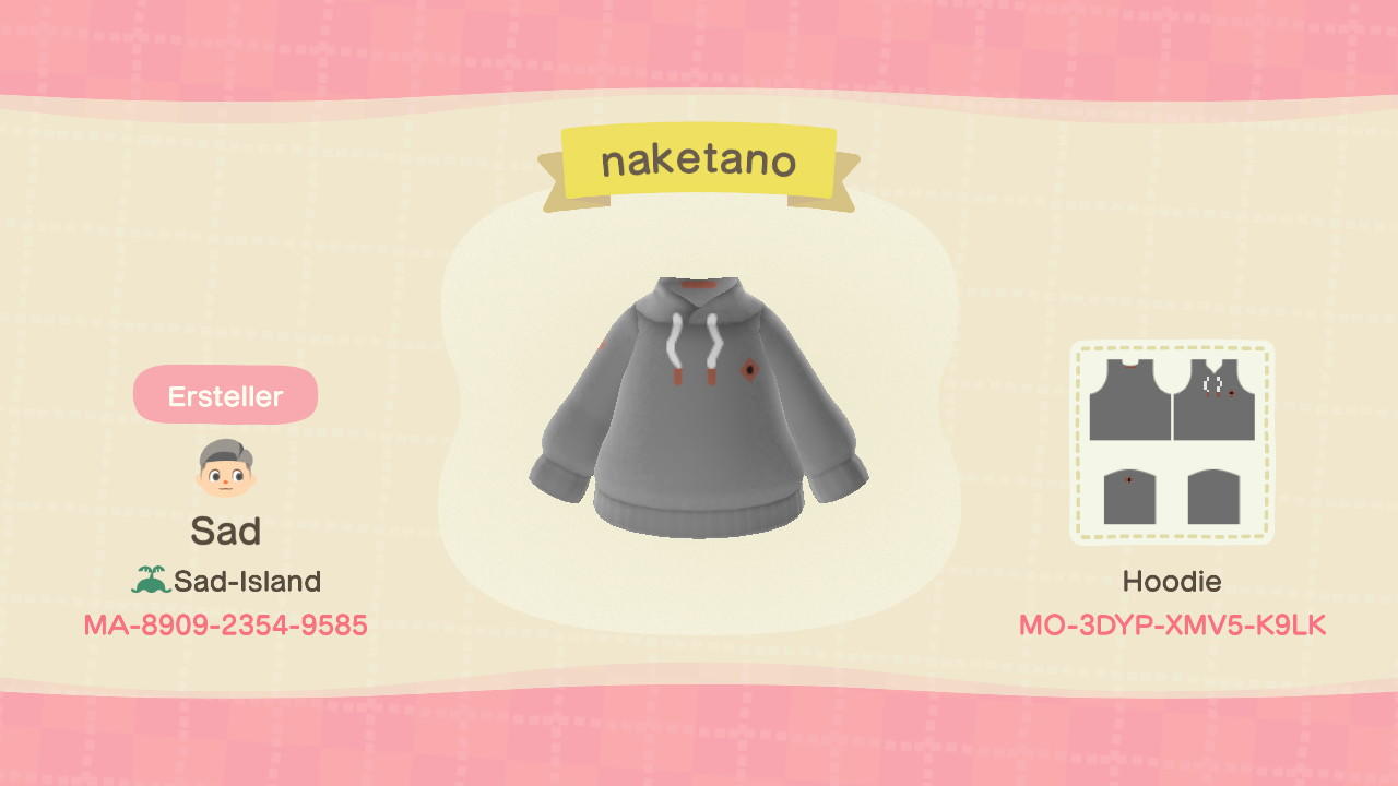 Animal Crossing Design Code: MO-3DYP-XMV5-K9LK Naketano Hoodie