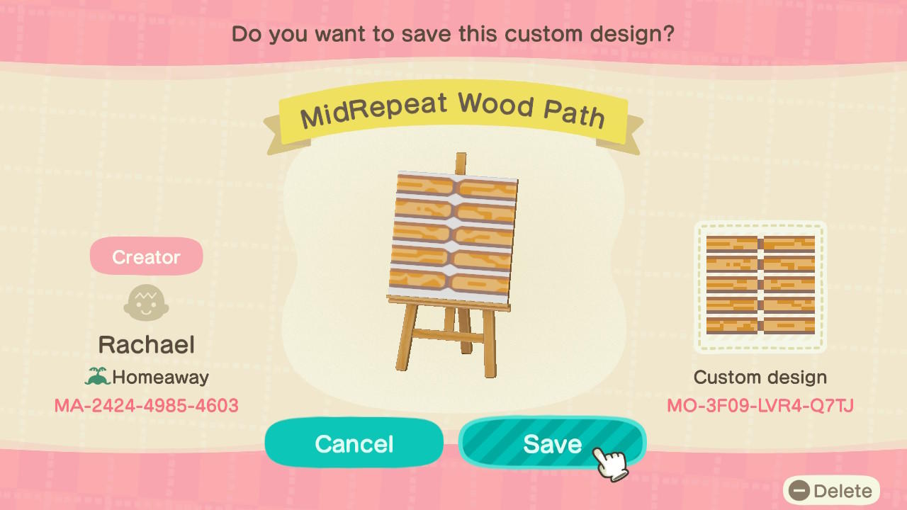 Animal Crossing Design Code: MO-3F09-LVR4-Q7TJ MidRepeat Wood Path