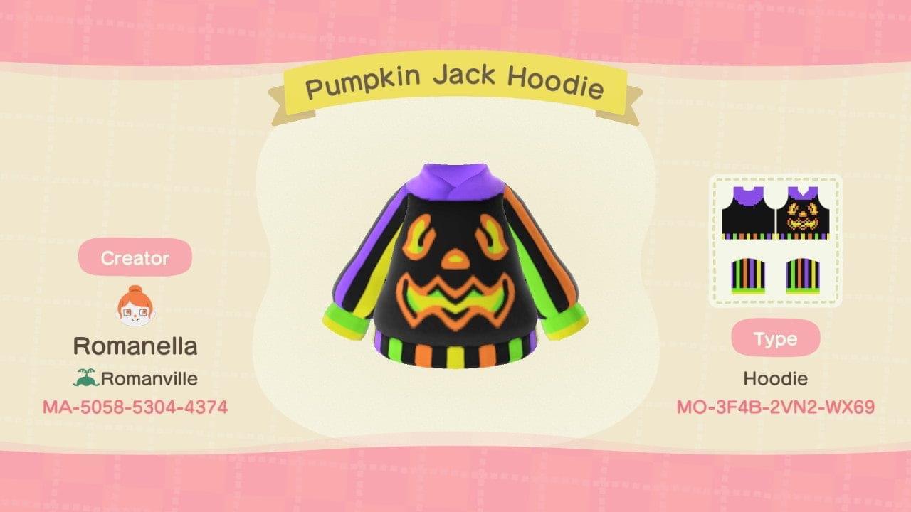 Animal Crossing Design Code: MO-3F4B-2VN2-WX69 Pumpkin Jack Hoodie