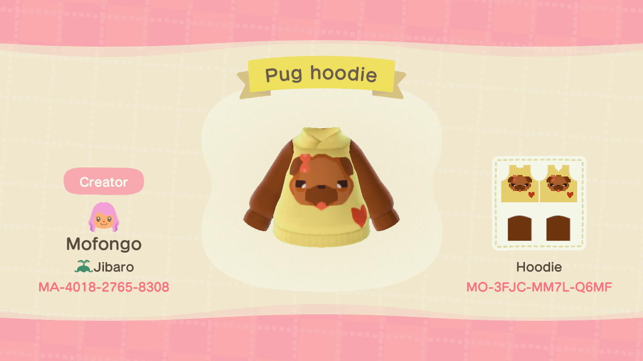 Animal Crossing Design Code: MO-3FJC-MM7L-Q6MF Pug Hoodie