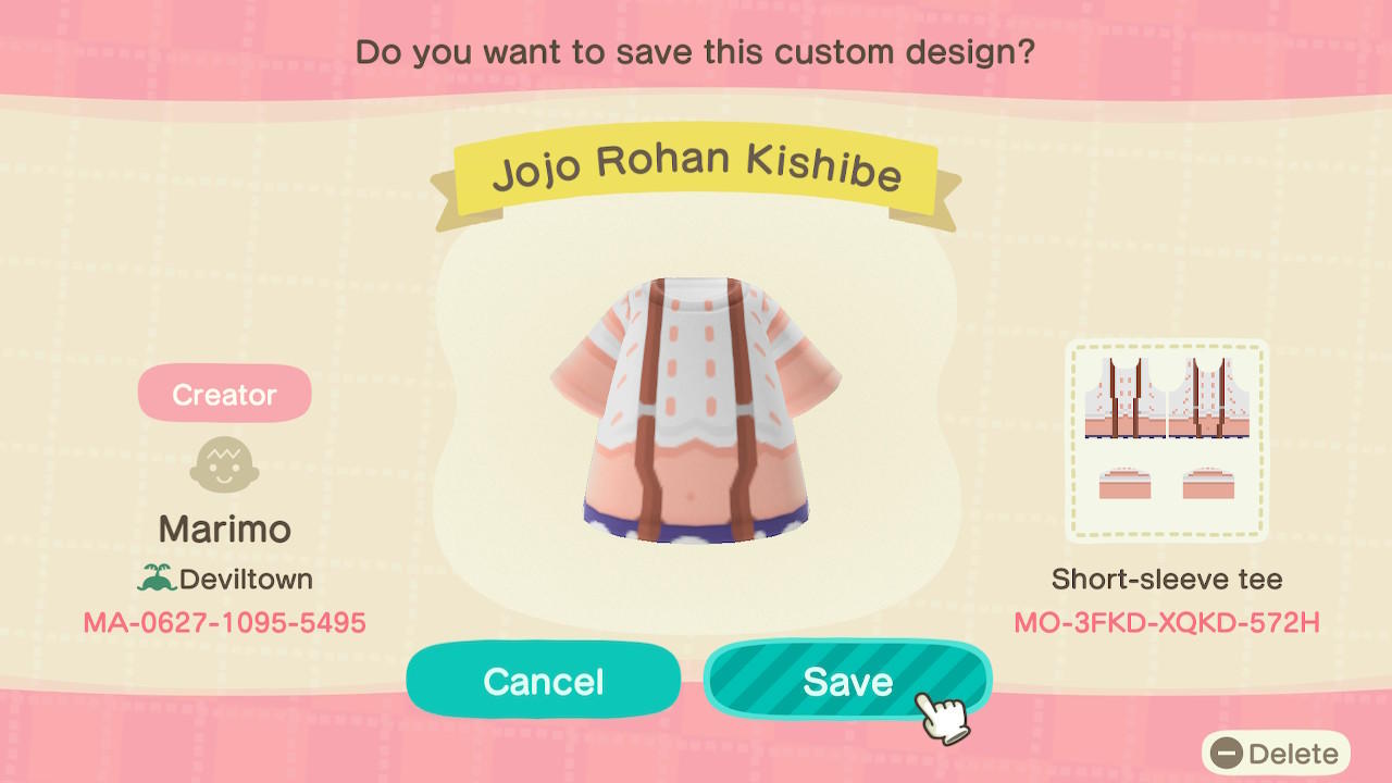 Animal Crossing Design Code: MO-3FKD-XQKD-572H Jojo Rohan Kishibe