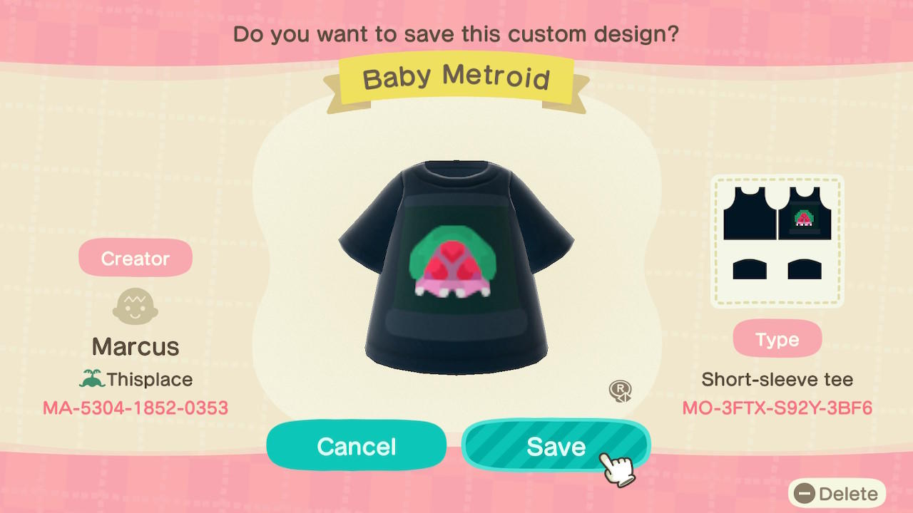 Animal Crossing Design Code: MO-3FTX-S92Y-3BF6 Baby Metroid
