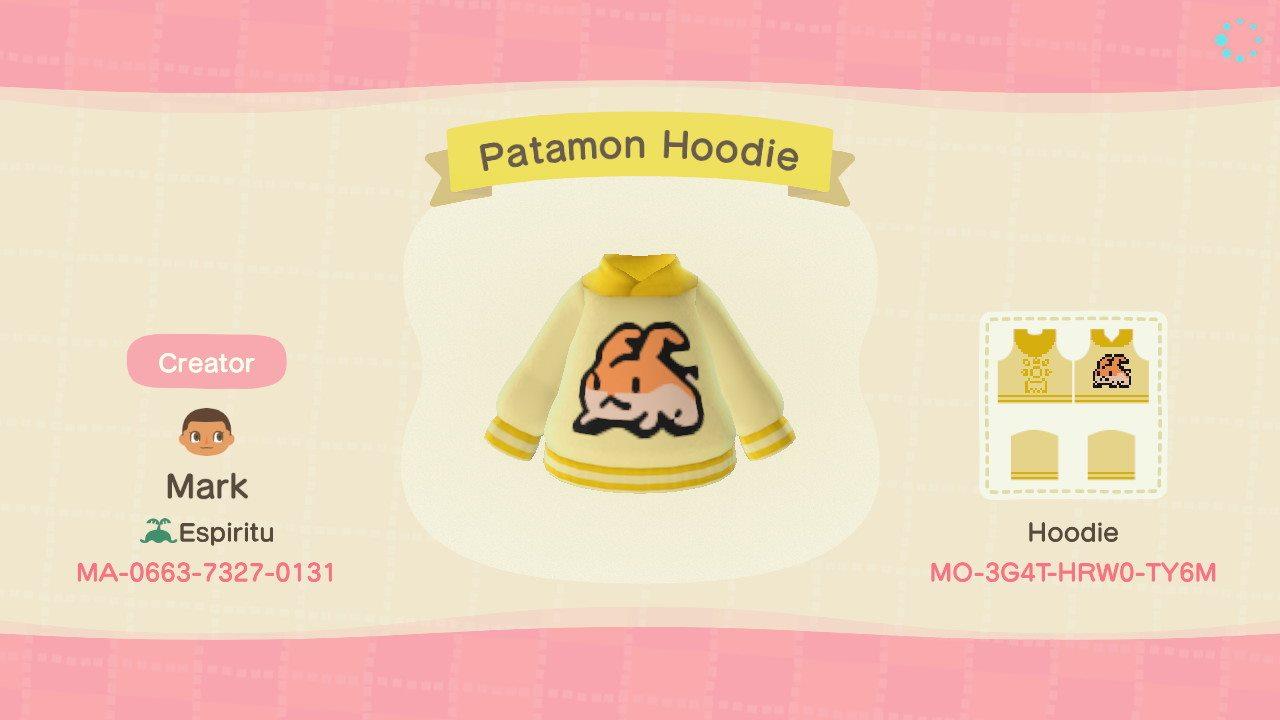 Animal Crossing Design Code: MO-3G4T-HRW0-TY6M Patamon Hoodie