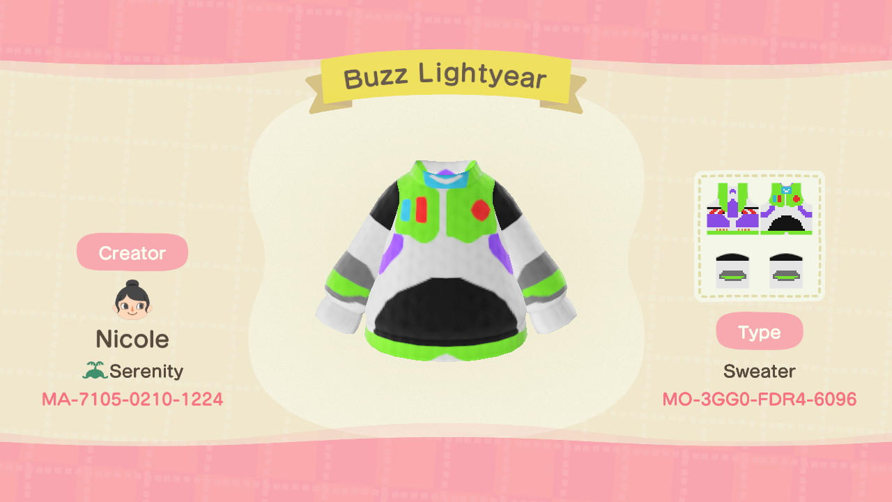 Animal Crossing Design Code: MO-3GG0-FDR4-6096 Buzz Lightyear