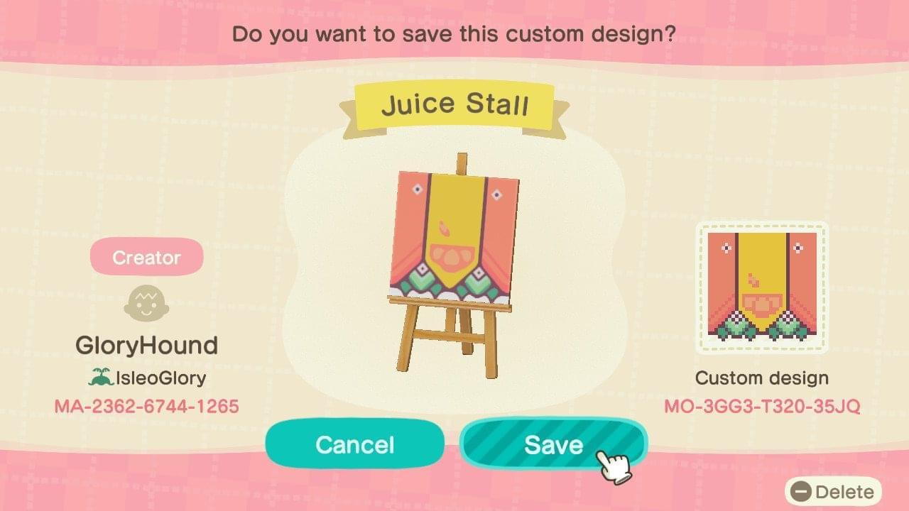 Animal Crossing Design Code: MO-3GG3-T320-35JQ Juice Stall