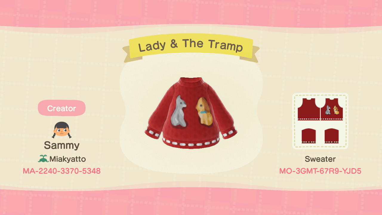 Animal Crossing Design Code: MO-3GMT-67R9-YJD5 Lady & The Tramp