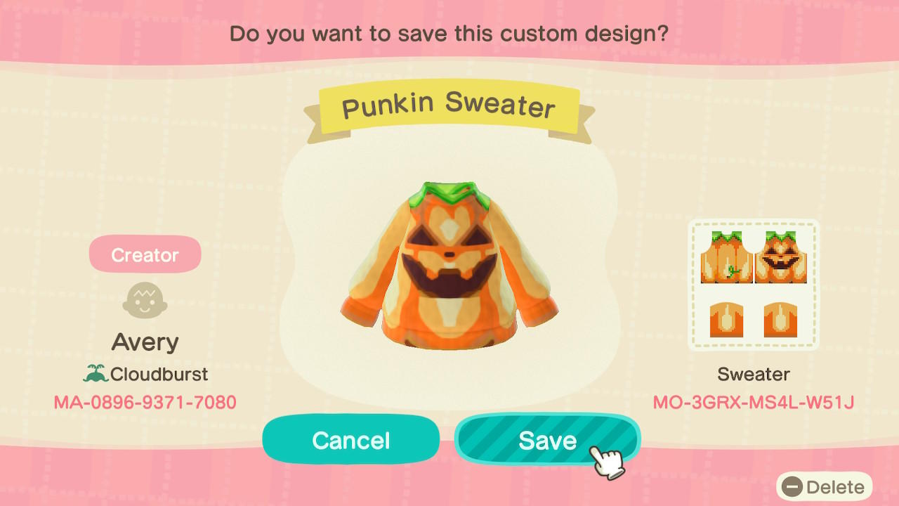Animal Crossing Design Code: MO-3GRX-MS4L-W51J Punkin Sweater