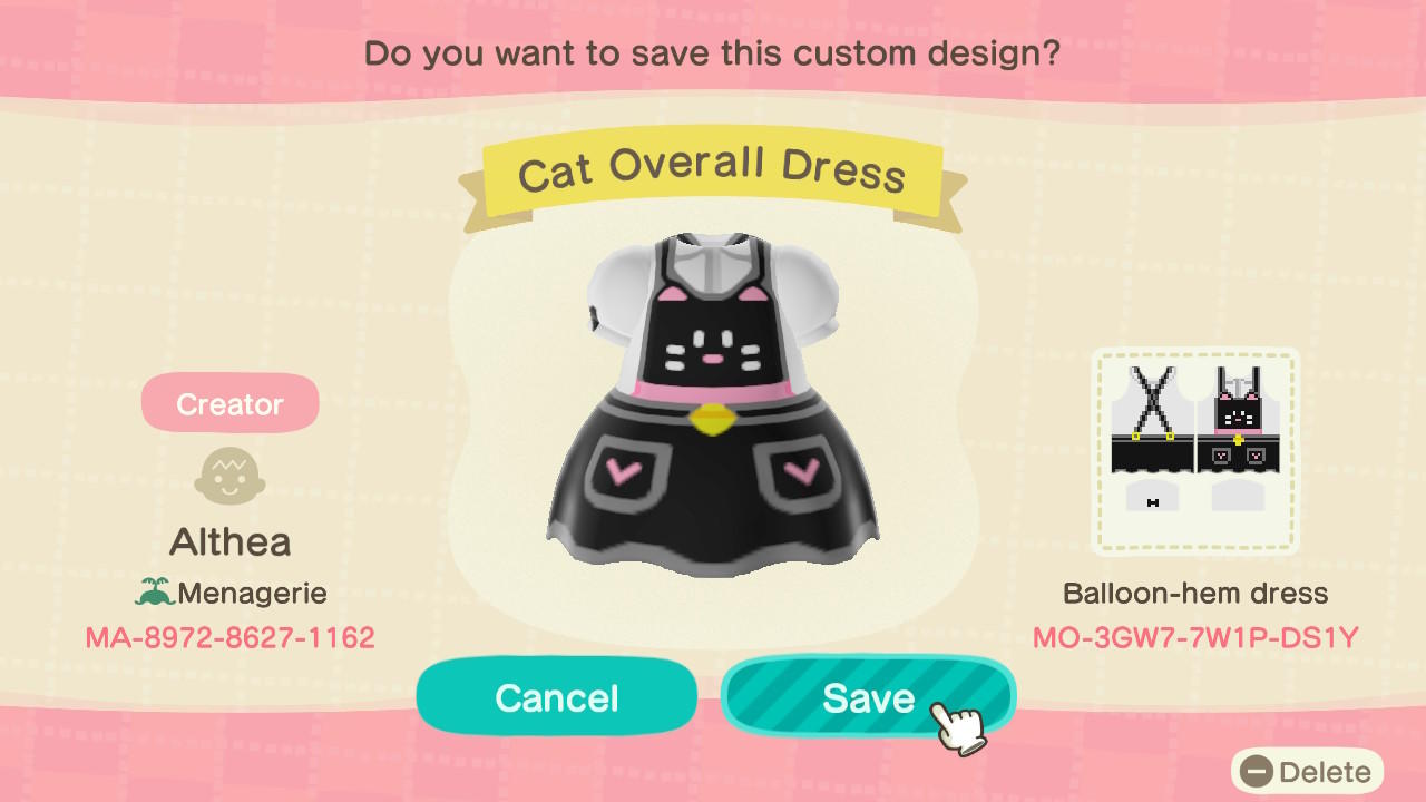 Animal Crossing Design Code: MO-3GW7-7W1P-DS1Y Cat Overall Dress