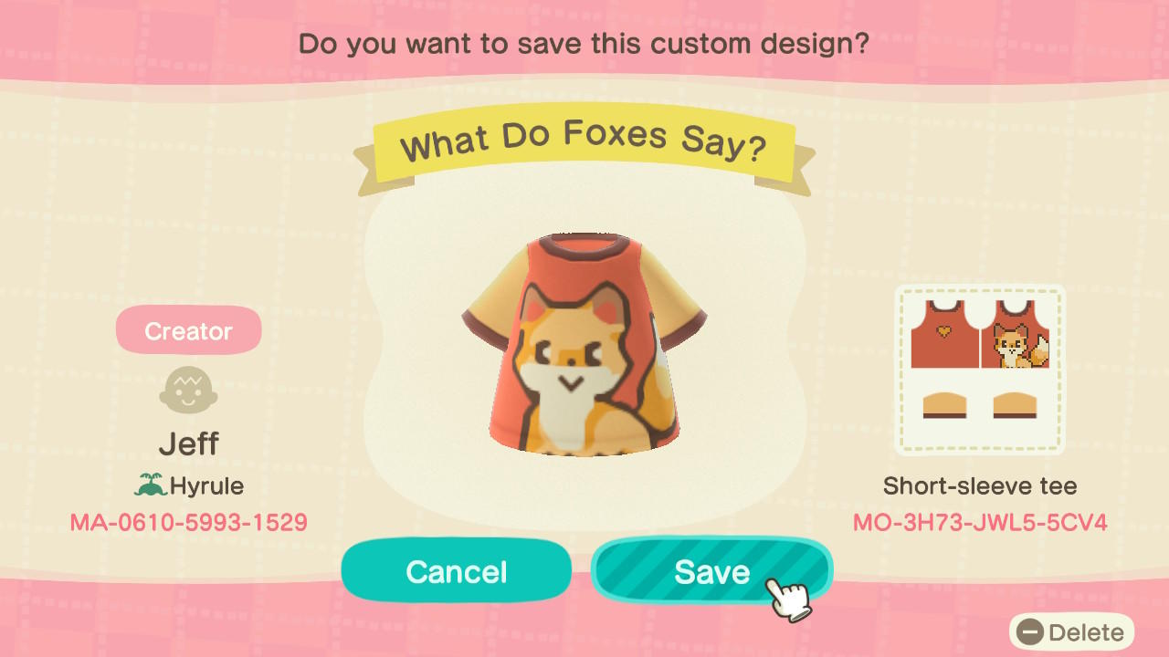 Animal Crossing Design Code: MO-3H73-JWL5-5CV4 What Do Foxes Say?