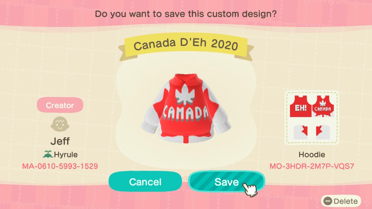 Animal Crossing Design Code: MO-3HDR-2M7P-VQS7 Canada D'Eh 2020
