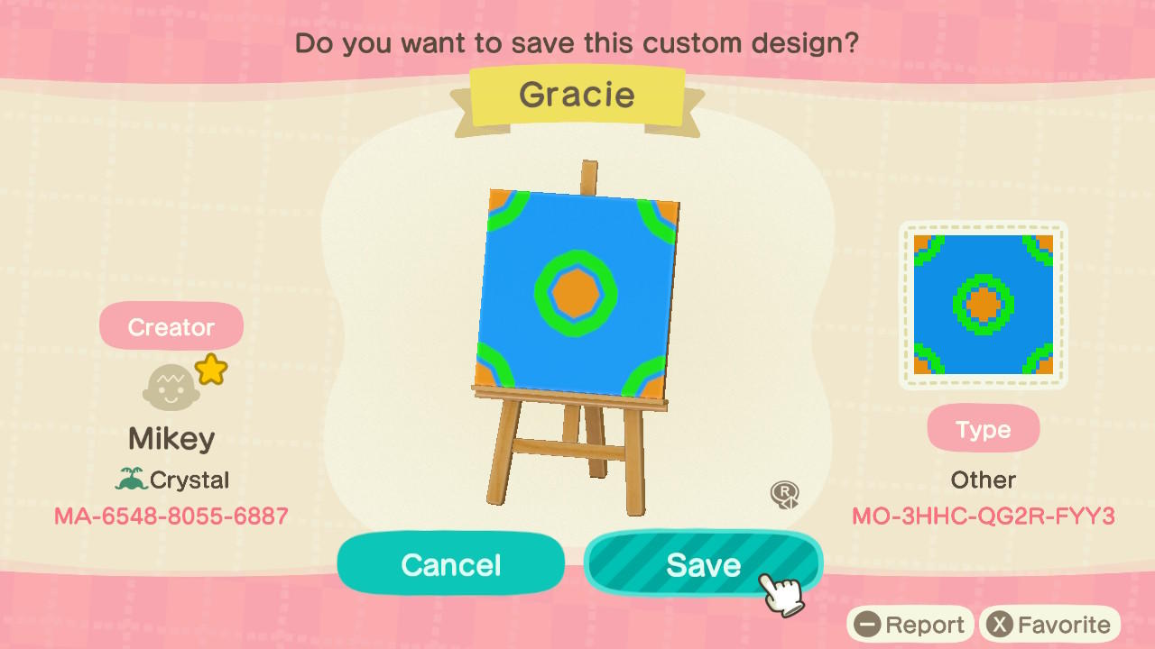 Animal Crossing Design Code: MO-3HHC-QG2R-FYY3 Gracie Pattern