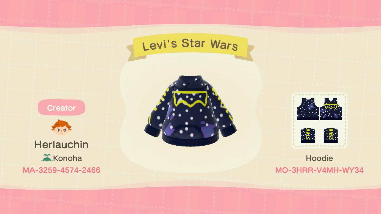 Animal Crossing Design Code: MO-3HRR-V4MH-WY34 Levi&#39;s Star Wars